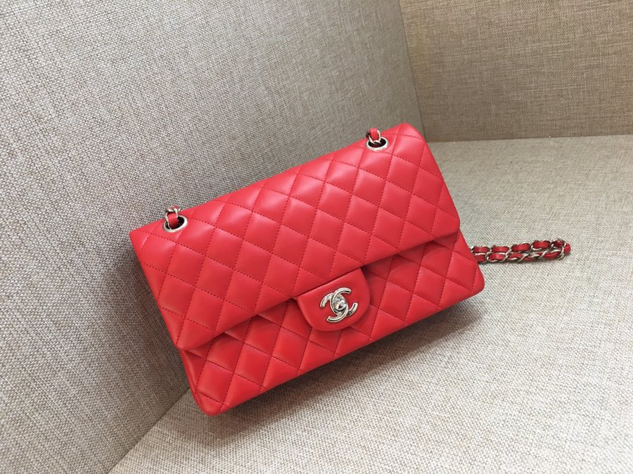 Medium Classic Flap Lambskin Bag AO1112 Red/Silver